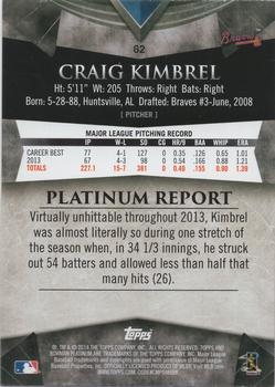 2014 Bowman Platinum - Sapphire #62 Craig Kimbrel Back