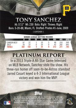 2014 Bowman Platinum - Sapphire #95 Tony Sanchez Back