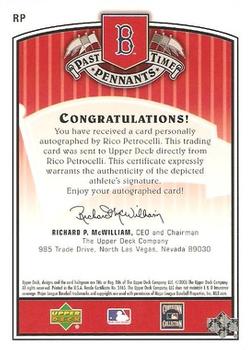 2005 UD Past Time Pennants - Past Time Signatures Bronze #RP Rico Petrocelli Back