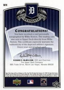 2005 UD Past Time Pennants - Past Time Signatures Bronze #WH Willie Horton Back