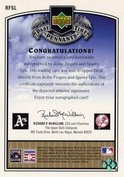2005 UD Past Time Pennants - Past Time Dual Signatures #RFSL Rollie Fingers / Sparky Lyle Back