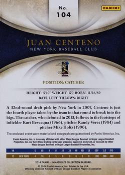2014 Panini Immaculate Collection #104 Juan Centeno  Back