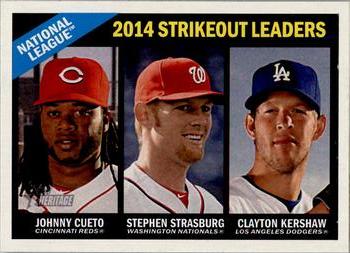 2015 Topps Heritage #225 National League 2014 Strikeout Leaders (Clayton Kershaw / Johnny Cueto / Stephen Strasburg) Front