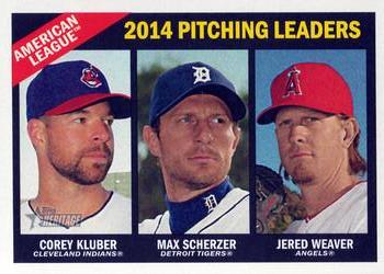 2015 Topps Heritage #224 American League 2014 Pitching Leaders (Max Scherzer / Jered Weaver / Corey Kluber) Front