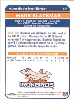 2012 Grandstand Aberdeen IronBirds #4 Mark Blackmar Back