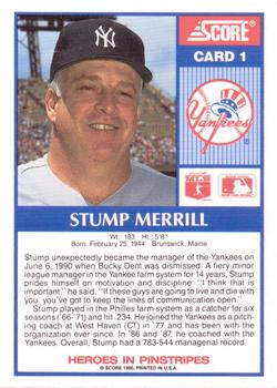 1990 Score New York Yankees #1 Stump Merrill Back