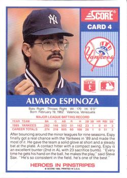 1990 Score New York Yankees #4 Alvaro Espinoza Back