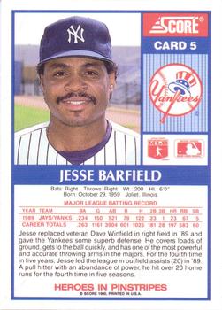 1990 Score New York Yankees #5 Jesse Barfield Back