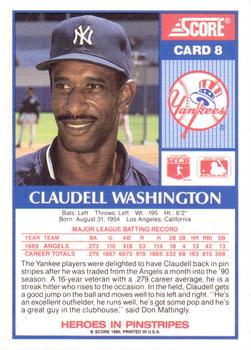 1990 Score New York Yankees #8 Claudell Washington Back