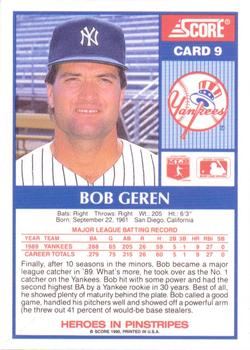 1990 Score New York Yankees #9 Bob Geren Back