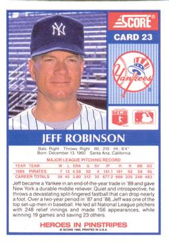1990 Score New York Yankees #23 Jeff Robinson Back