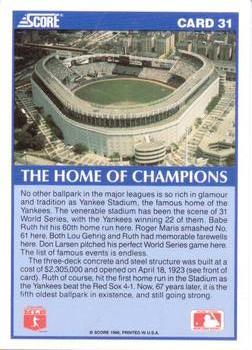 1990 Score New York Yankees #31 Yankee Stadium Back