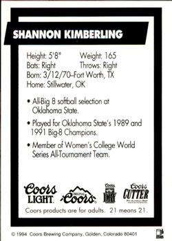 1994 Coors Colorado Silver Bullets #NNO Shannon Kimberling Back