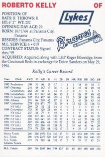 1994 Lykes Atlanta Braves Perforated #NNO Roberto Kelly Back