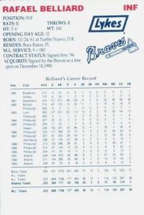 1994 Lykes Atlanta Braves Perforated #NNO Rafael Belliard Back