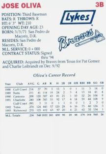 1994 Lykes Atlanta Braves Perforated #NNO Jose Oliva Back
