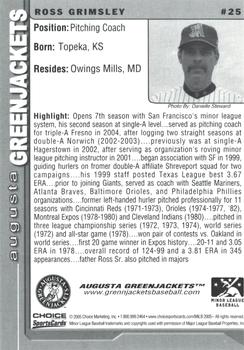 2005 Choice Augusta GreenJackets #25 Ross Grimsley Back