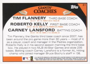2009 Topps Emerald Nuts San Francisco Giants #31 Tim Flannery / Roberto Kelly / Carney Lansford Back