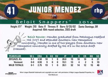 2014 Grandstand Beloit Snappers #NNO Junior Mendez Back