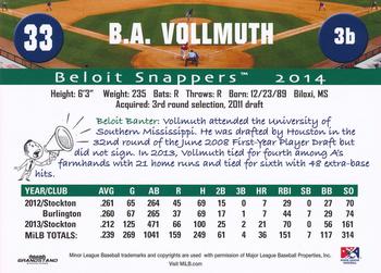 2014 Grandstand Beloit Snappers #NNO B.A. Vollmuth Back