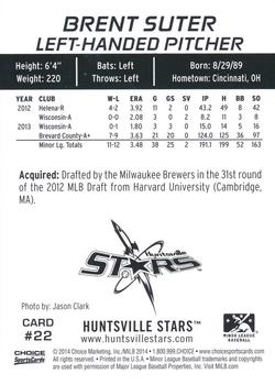2014 Choice Huntsville Stars #22 Brent Suter Back