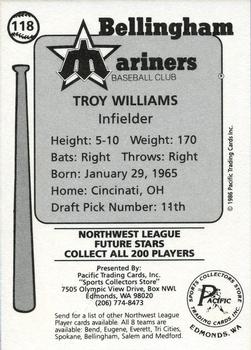 1986 Cramer Bellingham Mariners #118 Troy Williams Back