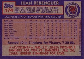 1984 Topps #174 Juan Berenguer Back