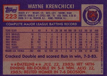 1984 Topps #223 Wayne Krenchicki Back