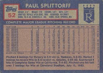 1984 Topps #52 Paul Splittorff Back