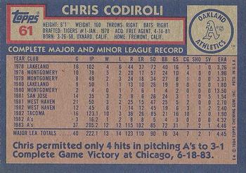 1984 Topps #61 Chris Codiroli Back