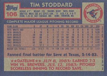 1984 Topps #106 Tim Stoddard Back