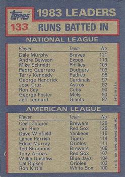 1984 Topps #133 1983 Runs Batted In Leaders (Dale Murphy / Cecil Cooper / Jim Rice) Back