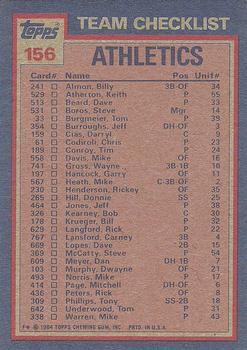 1984 Topps #156 Athletics Leaders / Checklist (Rickey Henderson / Tim Conroy) Back