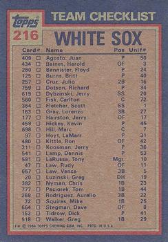 1984 Topps #216 White Sox Leaders / Checklist (Carlton Fisk / Richard Dotson) Back