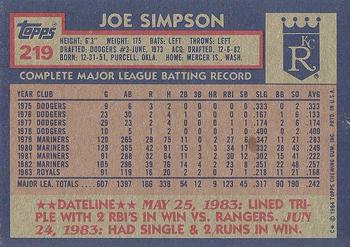 1984 Topps #219 Joe Simpson Back