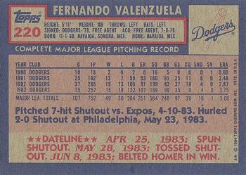 1984 Topps #220 Fernando Valenzuela Back