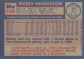 1984 Topps #230 Rickey Henderson Back