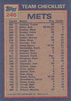 1984 Topps #246 Mets Leaders / Checklist (Mookie Wilson / Tom Seaver) Back