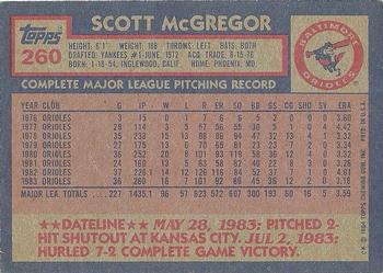 1984 Topps #260 Scott McGregor Back