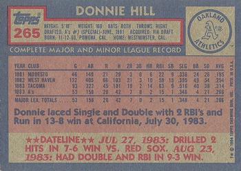 1984 Topps #265 Donnie Hill Back
