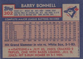 1984 Topps #302 Barry Bonnell Back