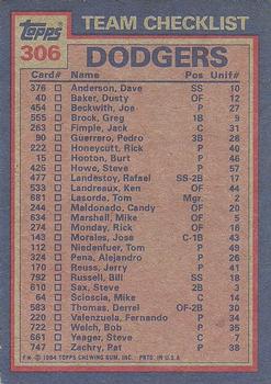 1984 Topps #306 Dodgers Leaders / Checklist (Pedro Guerrero / Bob Welch) Back