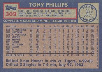 1984 Topps #309 Tony Phillips Back
