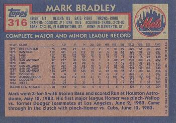 1984 Topps #316 Mark Bradley Back