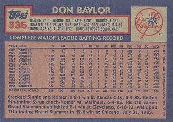 1984 Topps #335 Don Baylor Back