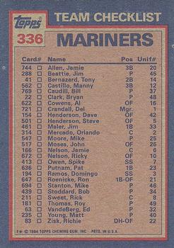 1984 Topps #336 Mariners Leaders / Checklist (Pat Putnam / Matt Young) Back