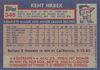 1984 Topps #345 Kent Hrbek Back