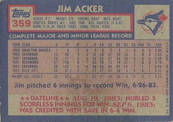 1984 Topps #359 Jim Acker Back