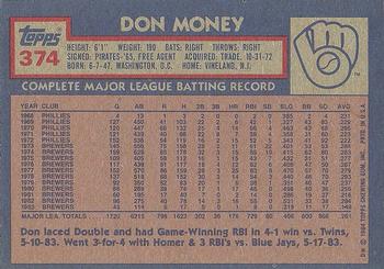 1984 Topps #374 Don Money Back