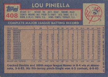 1984 Topps #408 Lou Piniella Back